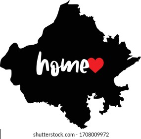 Rajasthan India home state - black state outline map with heart. Concept for born and raised Indian culture pride