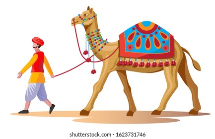 Rajasthan Man Walking With Camels In Desert Vector Illustration