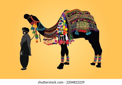 Rajasthan Man Walking With Camels In Desert Vector Illustration