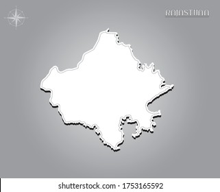 Mapa RAJASTHAN , línea de salida negra del mapa del estado indio con corte en papel en el mapa de fondo del gradiente blanco de la ilustración del espacio de copia india
