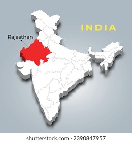 Rajasthan map location in Indian 3d isometric map. Rajasthan map vector illustration