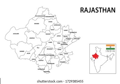 Rajasthan map. Political and administrative map of Rajasthan with districts name. Showing International and State boundary and district boundary of Rajasthan. Vector illustration of districts map.