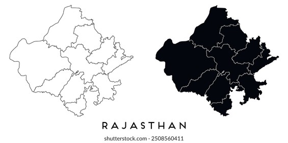 Mapa de las regiones de Rajastán Vector negro sobre blanco y contorno