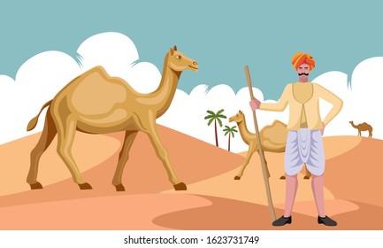 rajasthan rabari man with camels in desert vector illustration