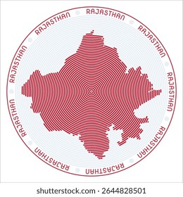 Rajasthan round logo design. State shape build of rings. Rajasthan text around the state. Vector Illustration.