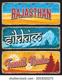 Rajasthan, Sikkim y Tamil Nadu indias declaran placas o pancartas vintage. Señales envejecidas de destino de viajes de vectores, puntos de referencia en India. Placas de grunge retro, placas de señalización turística o postales gastadas