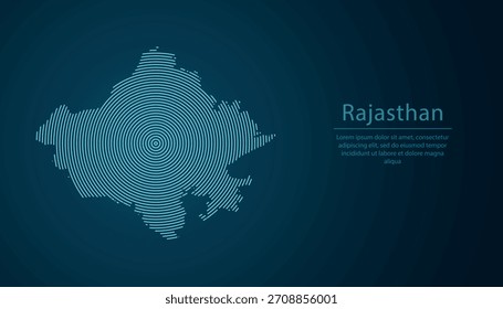 Rajastán, estado de India, mapa lleno de círculos concéntricos sobre fondo degradado oscuro
