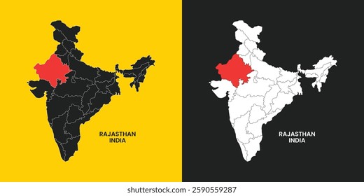 Rajasthan state, India, vector map silhouette illustration isolated on India map. Editable blank vector map of India.