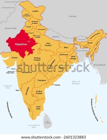 Rajasthan state map, India. Editable Vector map silhouette illustration isolated at India, highlighted at Rajasthan state, with state name, border, and Jaipur capital city.