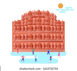 rajasthan tourism hawa mahal with tourists vector illustration