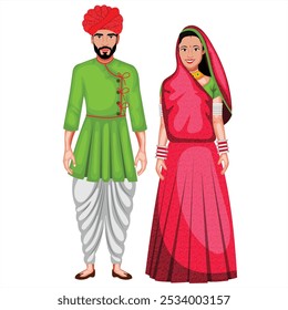 Rajasthani Couple Character In Traditional Costume Vector Illustration