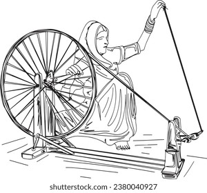 Rajasthani Cultural Heritage: Illustration of Adult Woman Spinning on a Charkha, Crafting Tradition: Hand-Drawn Sketch of Village Woman Making Thread on Charkha