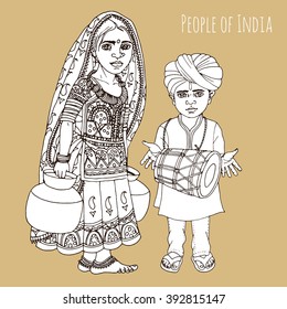 Rajasthani girl and boy hand drawn illustration