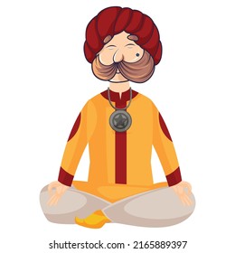 Rajasthani magician is doing yoga. Vector graphic illustration. Individually on white background.