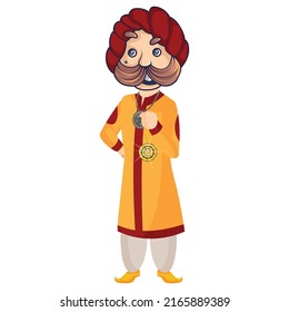 Rajasthani magician is holding magic locket in hand. Vector graphic illustration. Individually on white background.