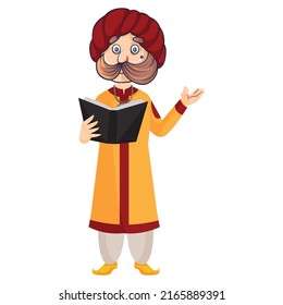 Rajasthani magician is reading book. Vector graphic illustration. Individually on white background. 