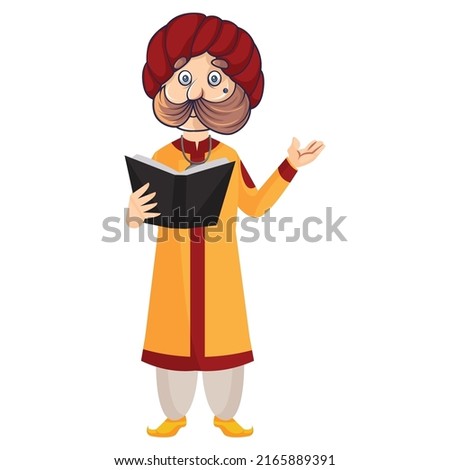 Rajasthani magician is reading book. Vector graphic illustration. Individually on white background. 