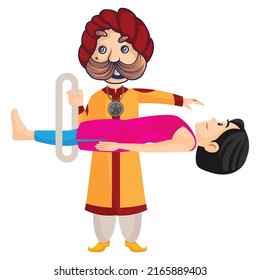 Rajasthani magician is showing magic on girl. Vector graphic illustration. Individually on white background.