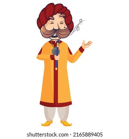 Rajasthani magician is singing song. Vector graphic illustration. Individually on white background. 