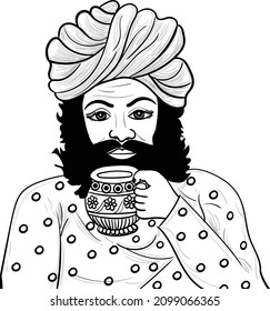 rajasthani man drinking tea from tea cup. indian wedding clip art Vector black and white clip art illustration for screen printing.
