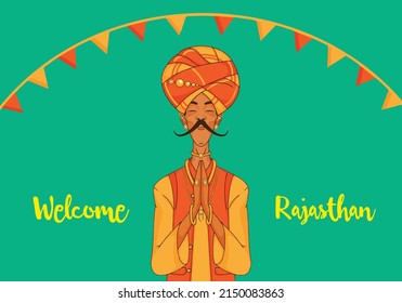 Hombre rajasthani en ilustración de vectores de disfraces tradicionales. pose de bienvenida.