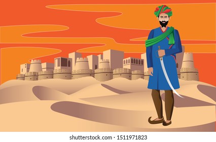 rajasthani royal man standing in front of fort vector illustration