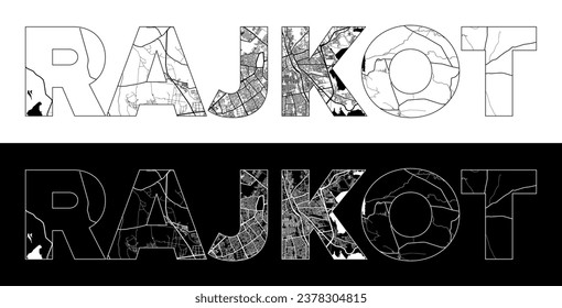 Rajkot City Name (India, Asia) with black white city map illustration vector