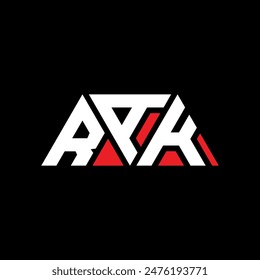 RAK triangle letter logo design with triangle shape. RAK triangle logo design monogram. RAK triangle vector logo template with red color. RAK triangular logo Simple, Elegant, and Luxurious design.
