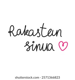 Rakastan sinua. Simple handwritten phrase "I love you" in Finnish language. Lettering. Minimalist calligraphy.