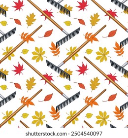 Rake and autumn leaves. Vector illustration. Seamless pattern.