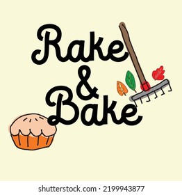 Rake and Bake Funny Pub for Herbst - Raking Leaves and Baking Pumpkin Pie - handgezeichnete Doodgrafik