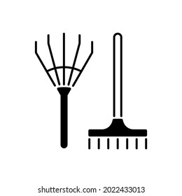 Icono lineal de color negro. Juntando hojas y hierba. Rayos de mano. Herramienta de jardín de larga duración. Arrojando heno. Limpiando plantas muertas. Símbolo de contorno en el espacio blanco. Ilustración aislada del vector