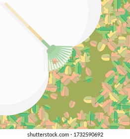A rake cleared the lawn of the garden from autumn leaves.
Garden lawn care card.