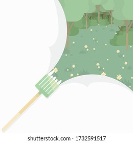 A rake clears a natural corner of the garden where flowers and trees grow. Garden work with rakes - card.