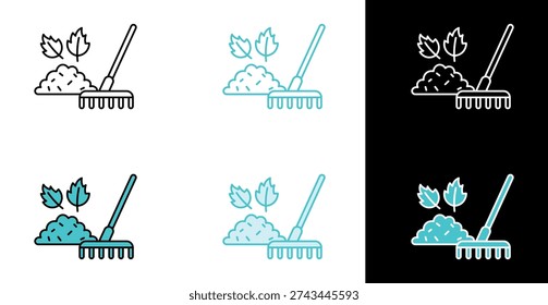 Rake collecting leaf pile icon for garden waste cleaning in line and fill style