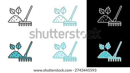 Rake collecting leaf pile icon for garden waste cleaning in line and fill style