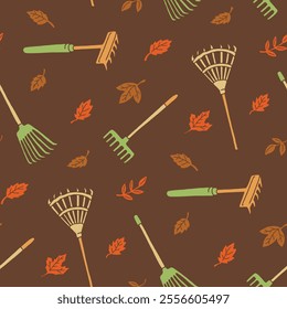 Rake Fall Leaves Vector Seamless Pattern illustration Design