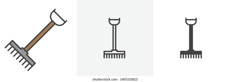 Rake, farming tool icon. Line, glyph and filled outline colorful version, Gardening tool outline and filled vector sign. Symbol, logo illustration. Different style icons set. Vector graphics