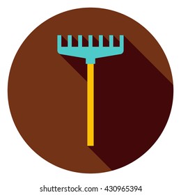 Rake Garden Tool Circle Icon. Flat Design Vector Illustration with Long Shadow. Gardening Instrument Symbol.