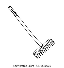 A rake garden tool. Hand drawn doodle garden vector illustration. Isolated on white.