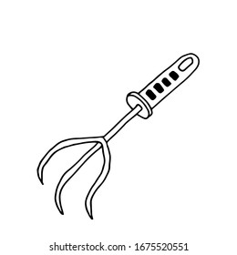 A rake garden tool. Hand drawn doodle garden vector illustration. Isolated on white.