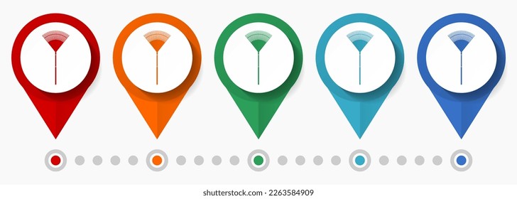 Rake, Gärtnerkonzept, Vektorsymbol-Set, flache Design-Roking-Zeiger, Infografik-Vorlage leicht zu bearbeiten