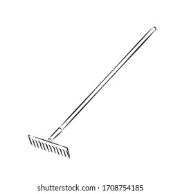 Rake for gardening vector doodle line art illustration, sticker, icon. Isolated on white background. Easy to change color. garden rake vector sketch illustration