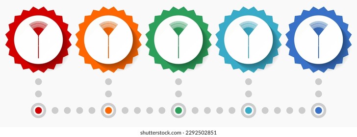 Rake, gradening too vector icon set, colorful infographic template, set of flat design badge icons in 5 color options