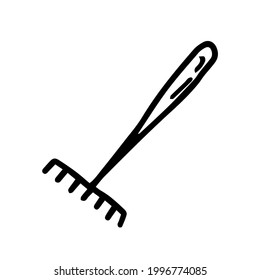 Rake icon. Black outline linear sketch drawing. Vector flat graphic hand drawn illustration. The isolated object on a white background. Isolate.