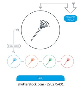 Rake icon. Gardening equipment sign. Outdoor instrument symbol. Line circle buttons. Download arrow symbol. Vector