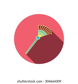 Rake icon. Gardening equipment sign. Outdoor instrument symbol. Red flat circle button. Linear icon with shadow. Vector