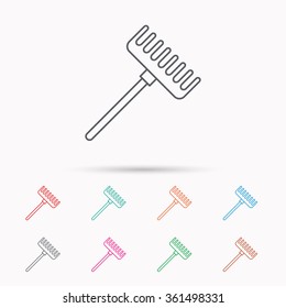 Rake icon. Gardening equipment sign. Outdoor instrument symbol. Linear icons on white background.