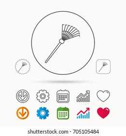 Rake icon. Gardening equipment sign. Outdoor instrument symbol. Calendar, Graph chart and Cogwheel signs. Download and Heart love linear web icons. Vector