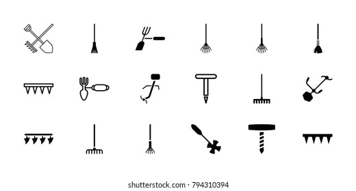 Rake icons. set of 18 editable filled and outline rake icons: gardening tool